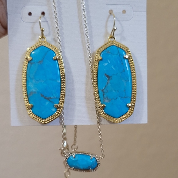 NWT Kendra Scott Necklace & Earring Set Aqua Howlite Marbled Stones Gold - Picture 3 of 4